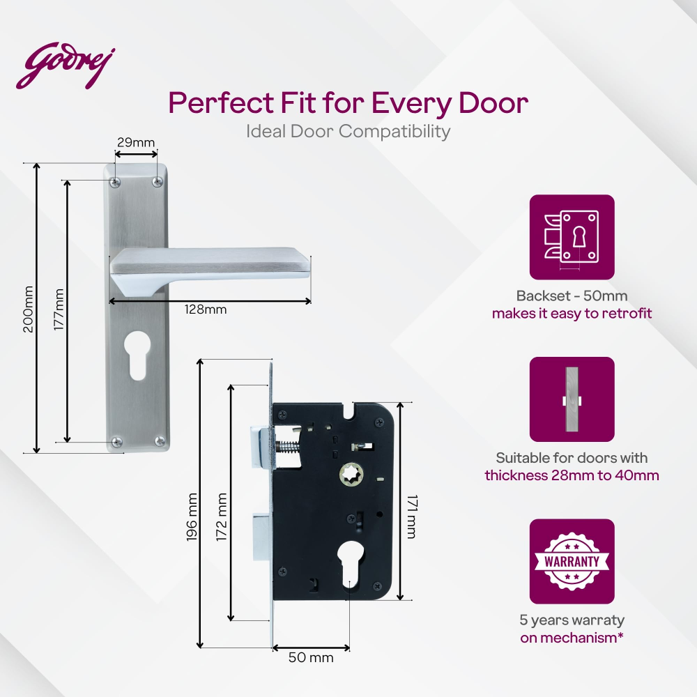 Godrej Mortise Lock | 200mm Plate | 5 inch handle | NEH 23 | Double Throw Deadbolt | 3 Keys | Reversible Left or Right Handed | Door Lock For Home, Main Door | Satin Steel Finish | 5 Year Warranty